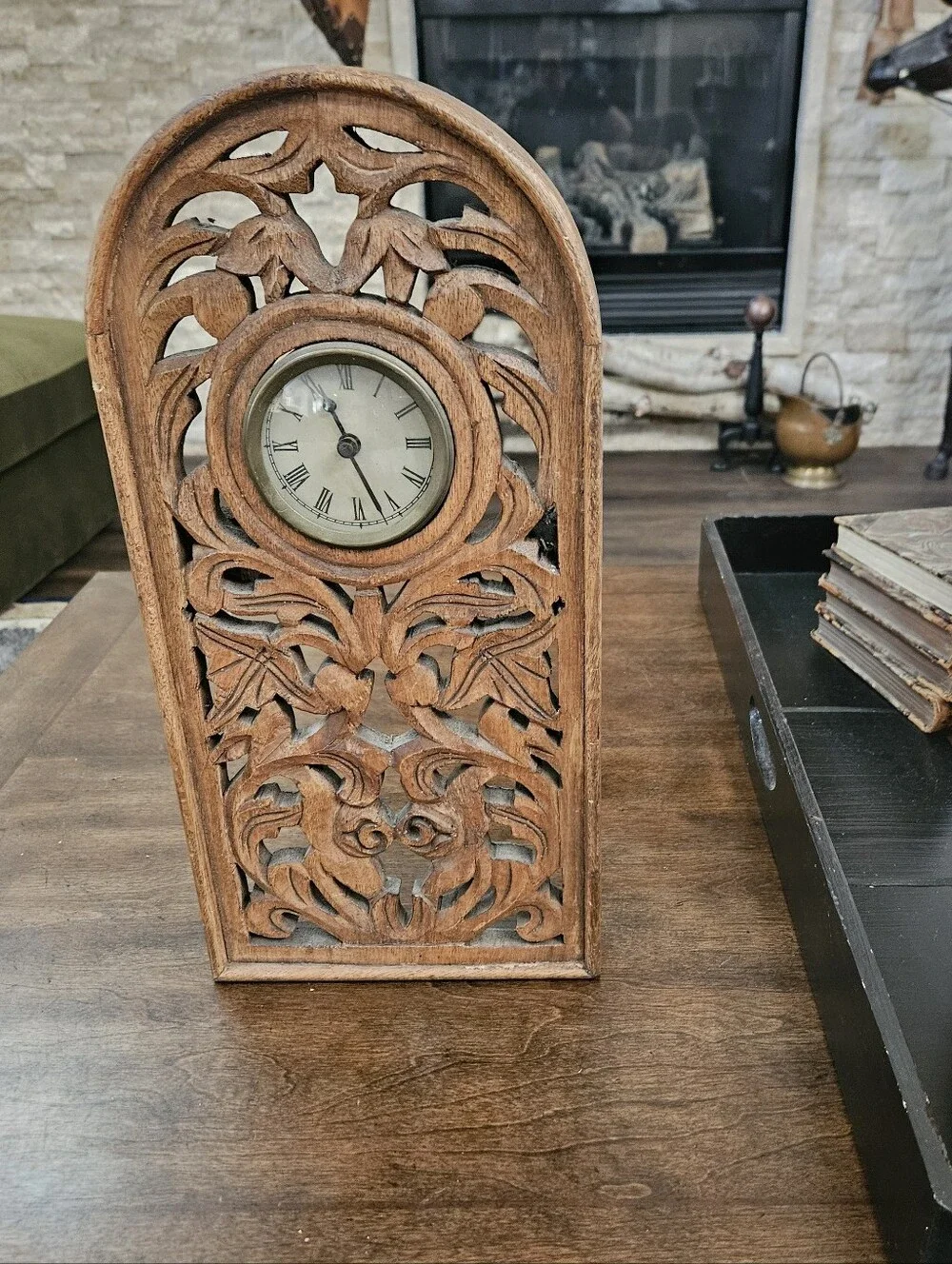 Handcrafted Brown Carved Wood Fretwork Wall Clock – Decorative Home Wall Decor